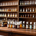 **

A perfumer's workshop scene: Glass beakers and droppers filled with colorful essential oils are arranged on a wooden table.  Mouillettes (fragrance testing strips) are scattered around.  In the background, dark amber bottles are neatly organized on shelves. Soft, diffused light. Focus on the alchemy and artistry of perfume creation.

**