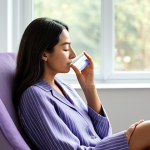 A professional woman, fully clothed in a modest, elegant loungewear set, seated comfortably on a plush armchair in a tranquil, minimalist wellness studio. Her eyes are gently closed, and she is holding a small, clear bottle of lavender essential oil near her nose, deeply inhaling. Soft, diffused natural light streams through a large window, casting a peaceful glow. The scene conveys a sense of deep relaxation and inner calm. Perfect anatomy, correct proportions, natural pose, well-formed hands, proper finger count, natural body proportions. Safe for work, appropriate content, fully clothed, family-friendly, professional photography, high quality.