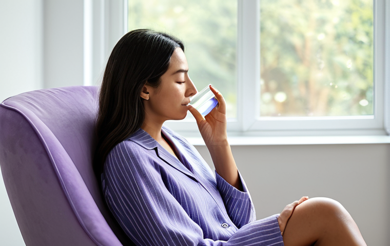 A professional woman, fully clothed in a modest, elegant loungewear set, seated comfortably on a plush armchair in a tranquil, minimalist wellness studio. Her eyes are gently closed, and she is holding a small, clear bottle of lavender essential oil near her nose, deeply inhaling. Soft, diffused natural light streams through a large window, casting a peaceful glow. The scene conveys a sense of deep relaxation and inner calm. Perfect anatomy, correct proportions, natural pose, well-formed hands, proper finger count, natural body proportions. Safe for work, appropriate content, fully clothed, family-friendly, professional photography, high quality.