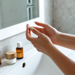 **

A close-up shot of a woman with sensitive skin carefully applying a solid perfume to her wrists. She's in a well-lit, minimalist bathroom with natural light. The focus is on her gentle touch and the natural ingredients of the perfume.  Fully clothed, appropriate content, safe for work, perfect anatomy, natural proportions, professional. Emphasis on the Italian concept of "cura di s&eacute;" (self-care).

**