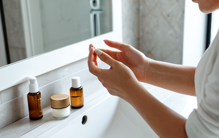 **
A close-up shot of a woman with sensitive skin carefully applying a solid perfume to her wrists. She's in a well-lit, minimalist bathroom with natural light. The focus is on her gentle touch and the natural ingredients of the perfume. Fully clothed, appropriate content, safe for work, perfect anatomy, natural proportions, professional. Emphasis on the Italian concept of "cura di sé" (self-care).
**